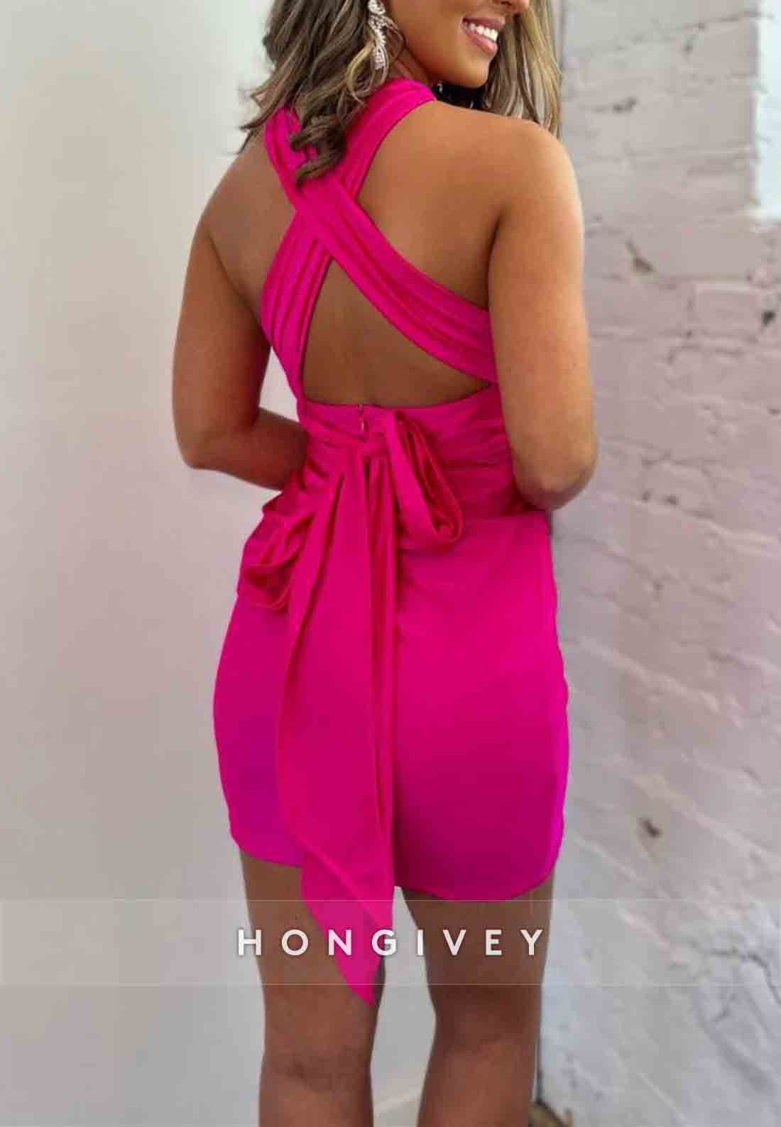 Low V-Neck Mini Sheath Tie Back Sleeveless Homecoming Dresses with Bowknot