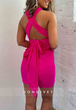 Low V-Neck Mini Sheath Tie Back Sleeveless Homecoming Dresses with Bowknot