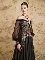 Sequins Sparkle Applique Off the Shoulder Long Sleeve Tulle A-Line Evening Dress