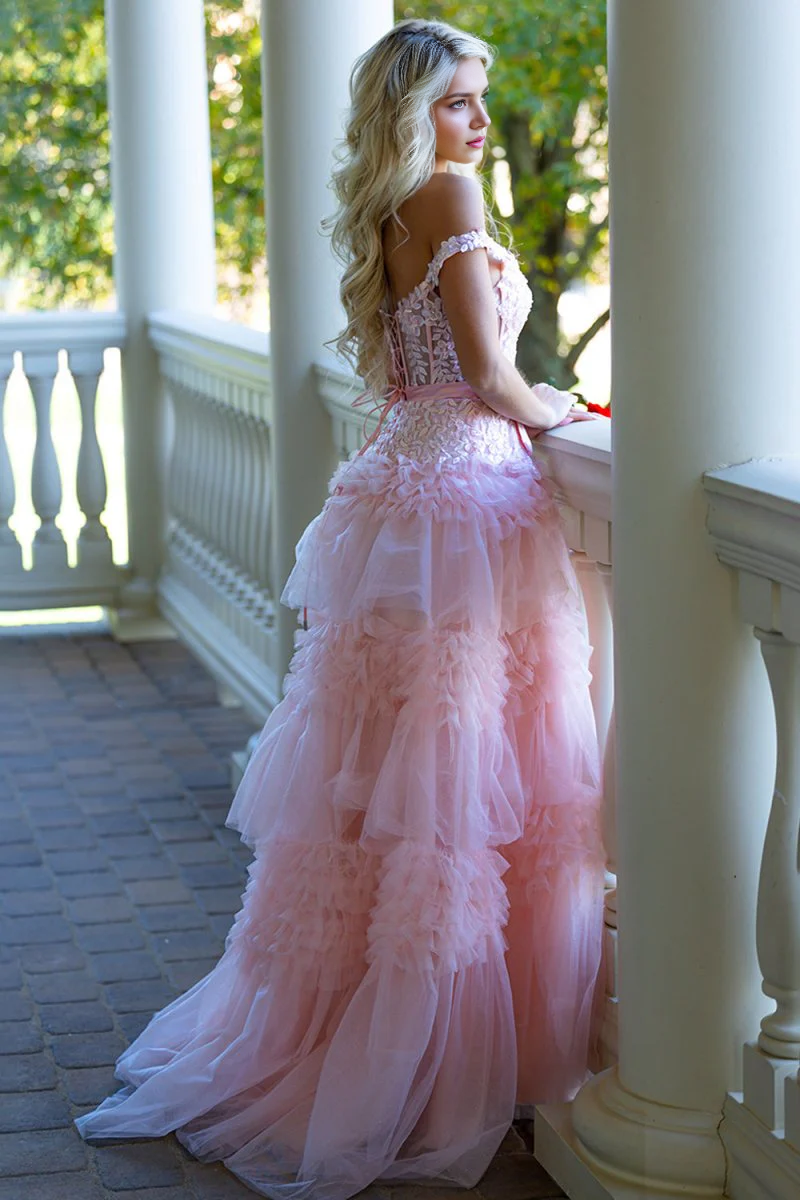 Luxury Pink Tulle A Line Off the Shoulder Deep Sleeveless Lace Applique Tiers Ruffles with Bow Long Prom Dress