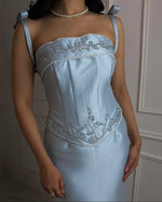 Blue Spaghetti Straps Bow Mermaid Floor-Lenght Evening Dress