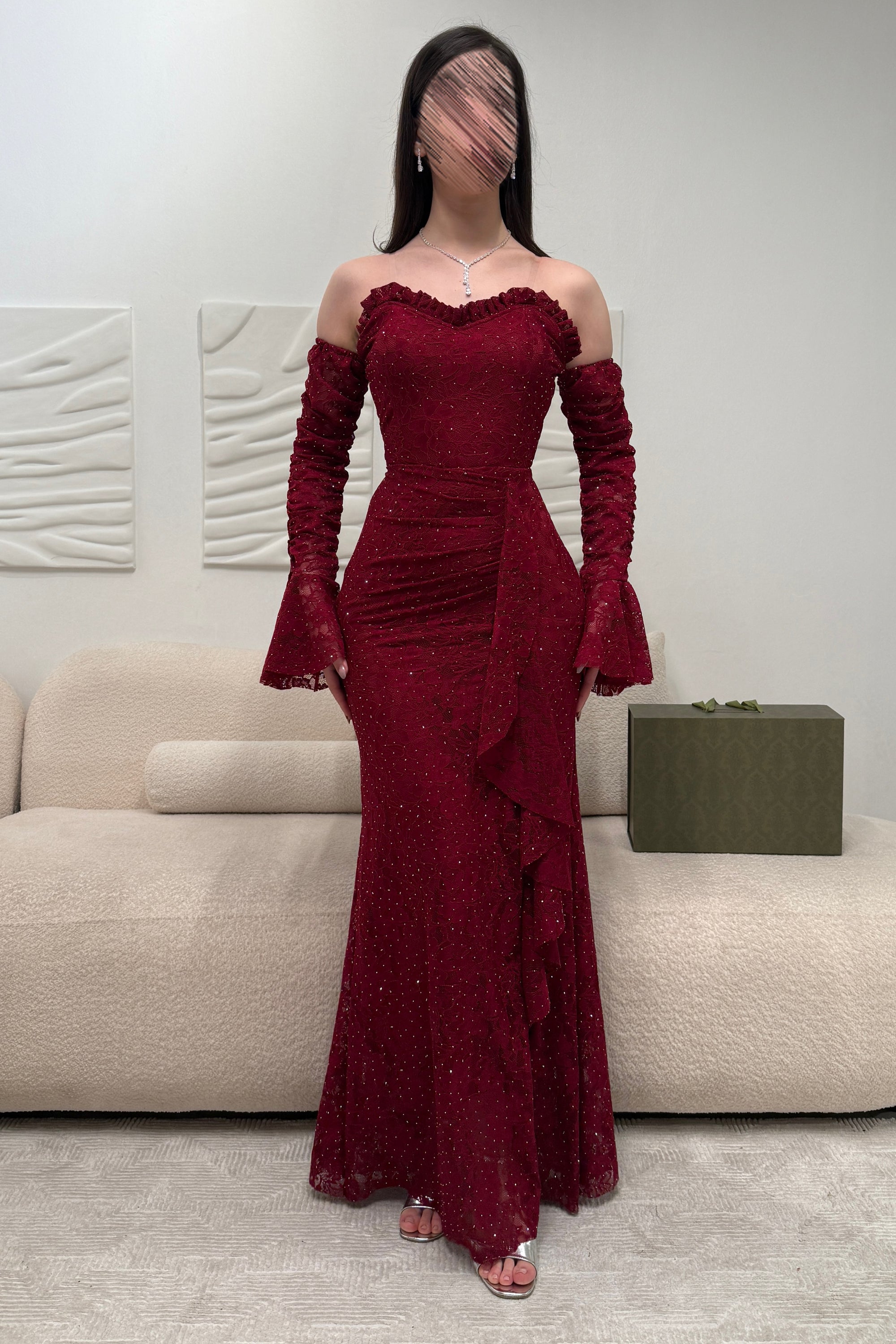 Red Off the Shoulder Long Sleeve Mermaid Ruched Side Slit Evening Dress