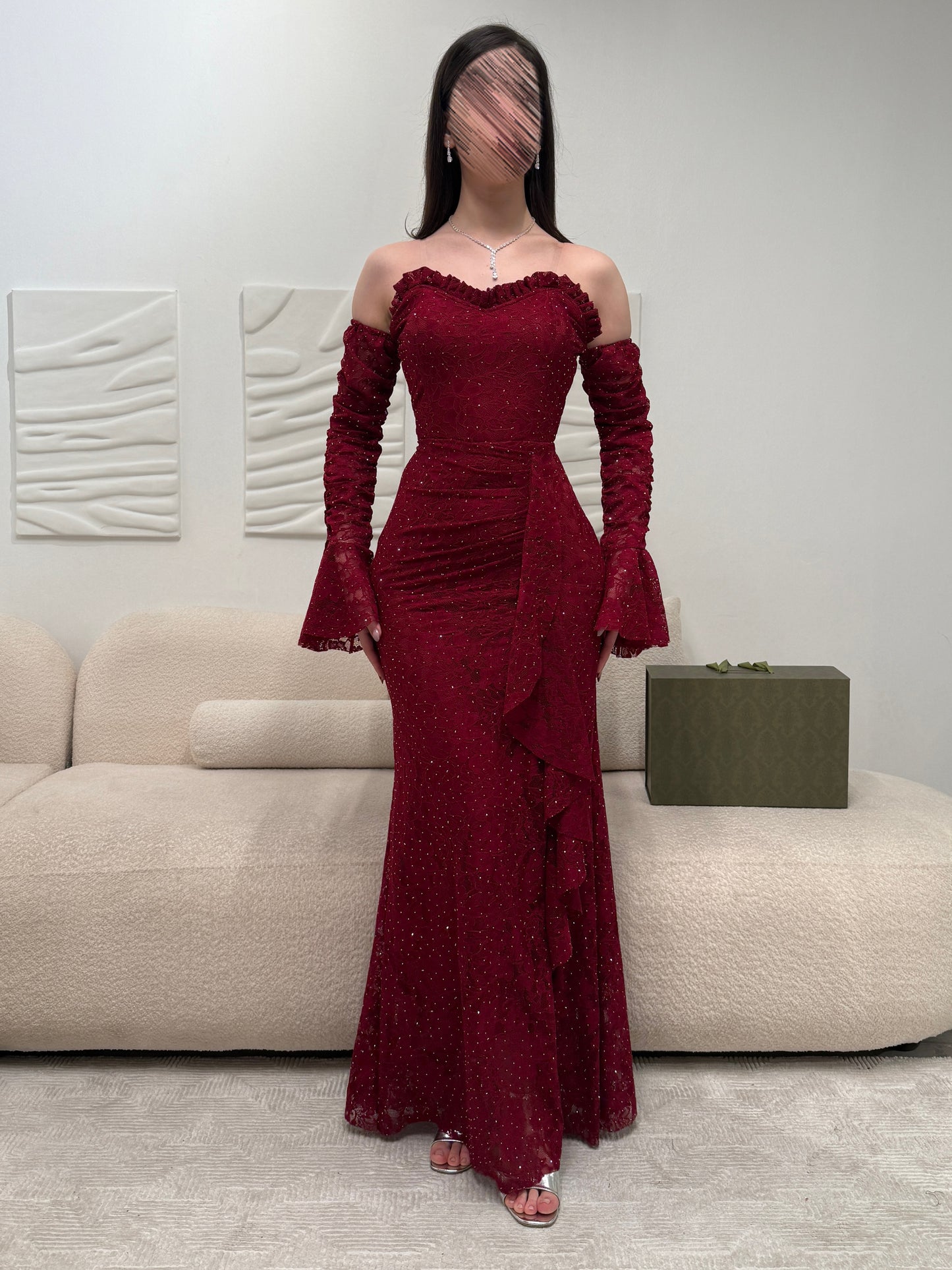 Red Off the Shoulder Long Sleeve Mermaid Ruched Side Slit Evening Dress