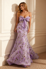 Formal Floral Purple Mermaid Spaghetti Strap Deep Sleeveless with Bow Printing Backless Long Prom Dress