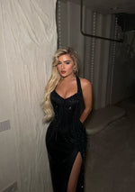 Black Halter Sleevless Beaded Sequins Sparkle Mermaid Side Slit Prom Dress