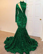 Green Mermaid High Neck One Shoulder Long Sleeve Long Prom Dress With Sequins