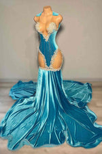 Scoop Sleeveless Ocean Blue Velvet Prom Dress Mermaid Long With Beadings
