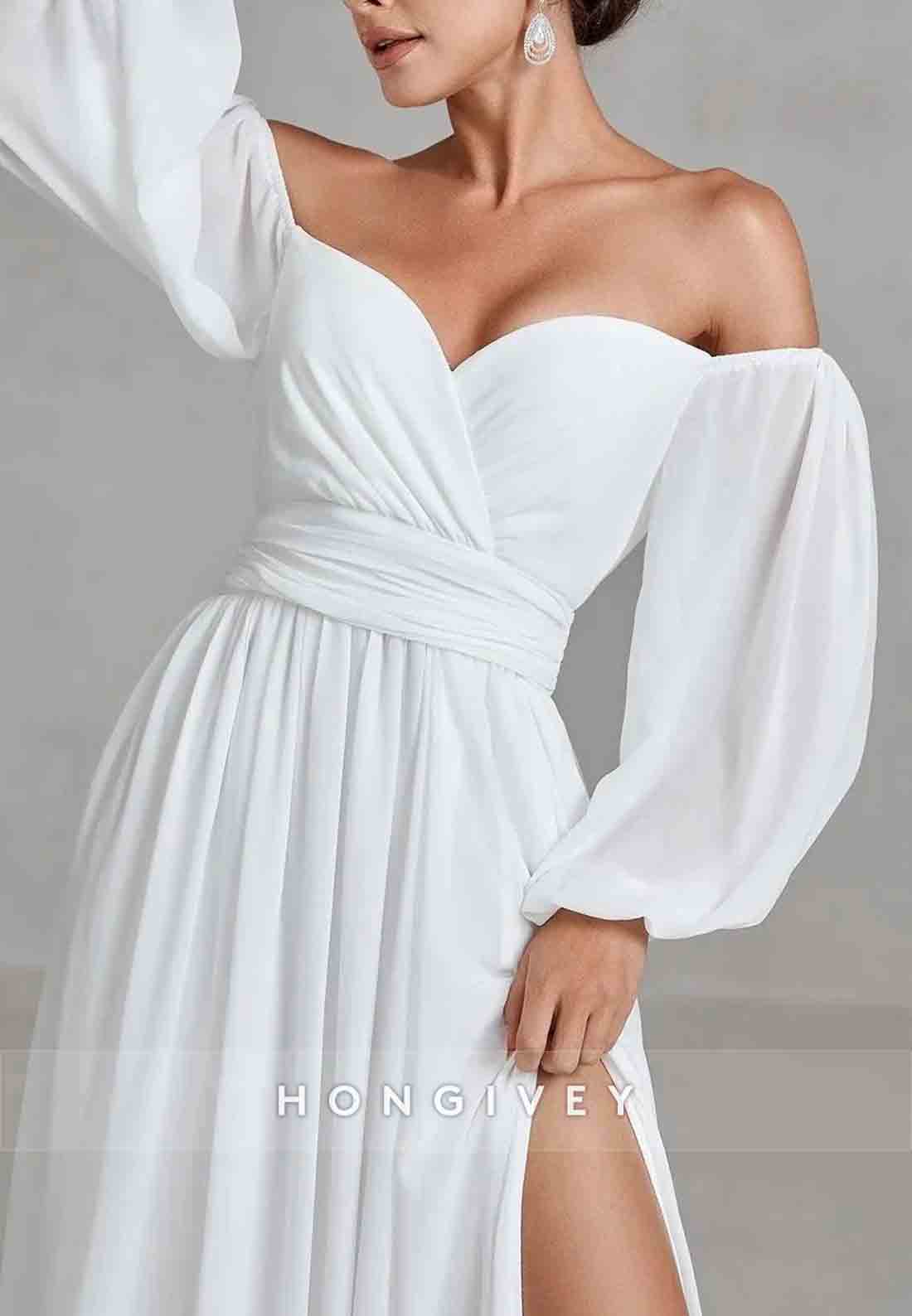 Off the Shoulder Lantern Sleeves Chiffon A-Line Wedding Dress with High Slit