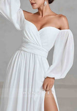 Off the Shoulder Lantern Sleeves Chiffon A-Line Wedding Dress with High Slit