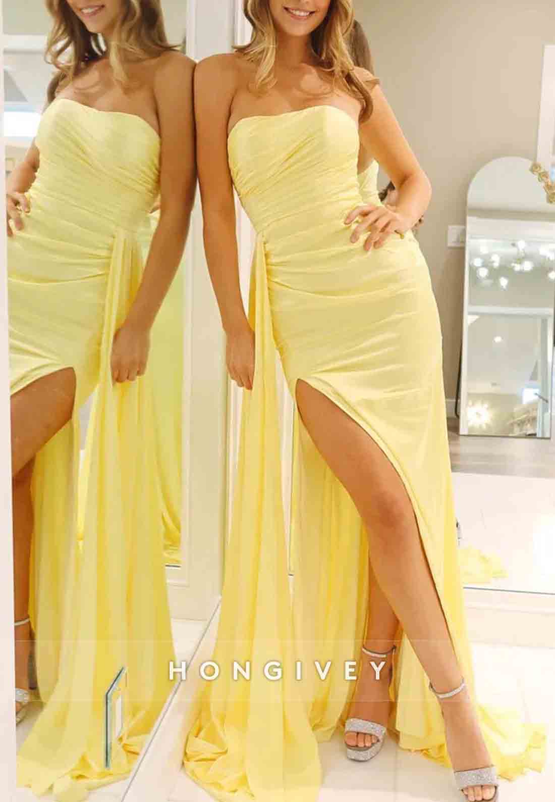 Stylish Side Draping Mermaid Strapless Yellow Long Prom Dress with Slit Front