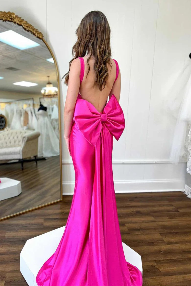 Fuchsia Satin Mermaid Prom Gown with Statement Bow Back