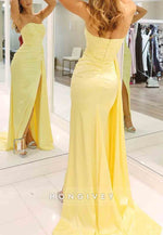 Stylish Side Draping Mermaid Strapless Yellow Long Prom Dress with Slit Front