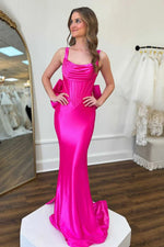 Fuchsia Satin Mermaid Prom Gown with Statement Bow Back