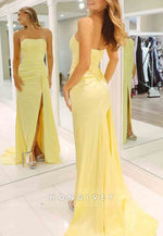 Stylish Side Draping Mermaid Strapless Yellow Long Prom Dress with Slit Front