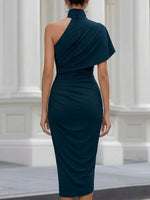 One-Shoulder Ruched Waist Draped Midi Dress