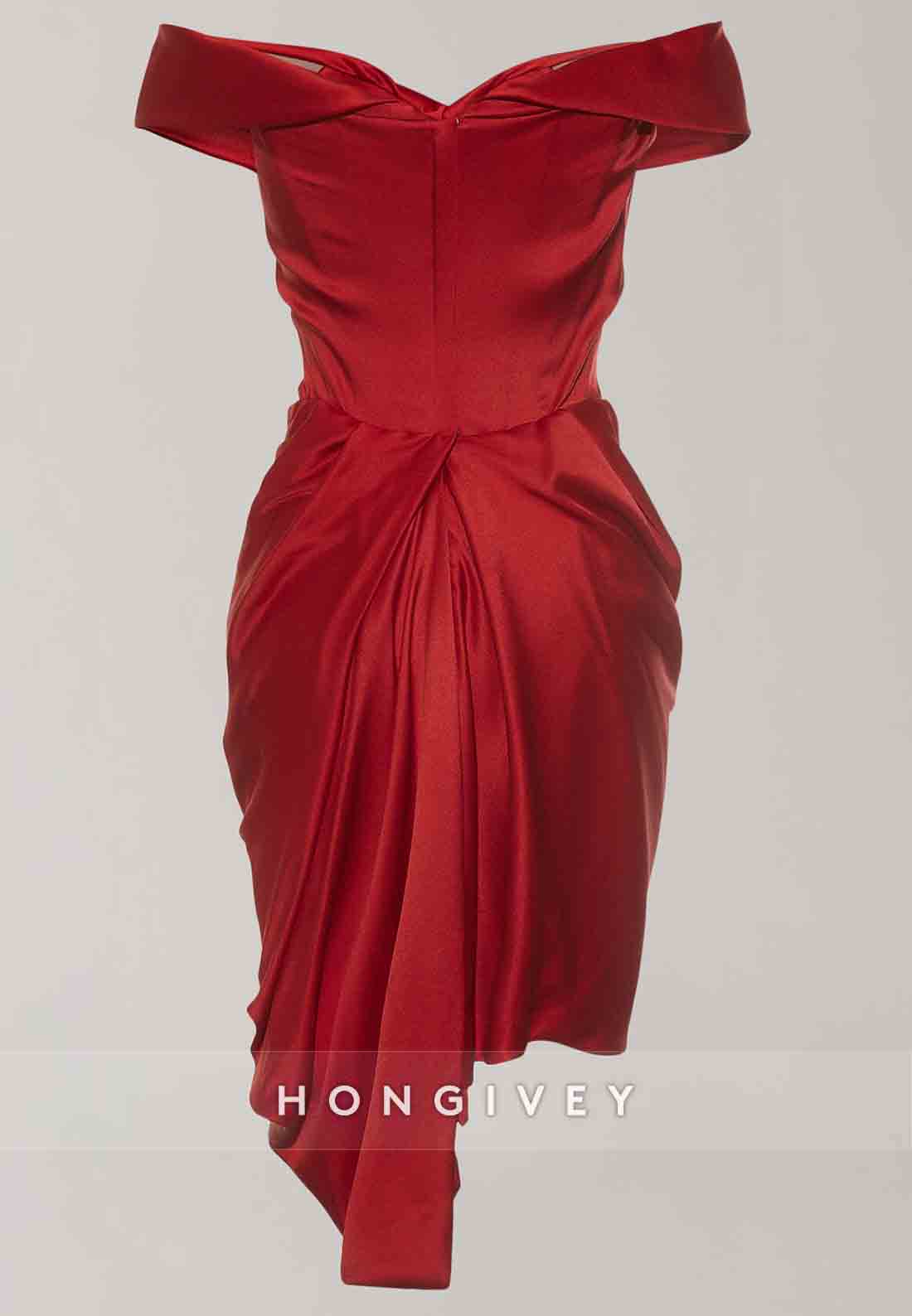 Red Off the Shoulder Asymmetrical Pleated Sheath Satin Short Homecoming Dresses