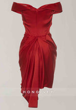 Red Off the Shoulder Asymmetrical Pleated Sheath Satin Short Homecoming Dresses