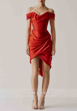 Red Off the Shoulder Asymmetrical Pleated Sheath Satin Short Homecoming Dresses
