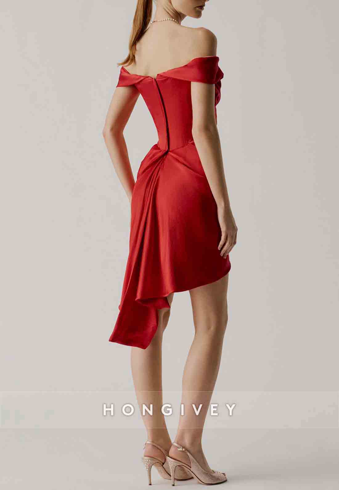 Red Off the Shoulder Asymmetrical Pleated Sheath Satin Short Homecoming Dresses