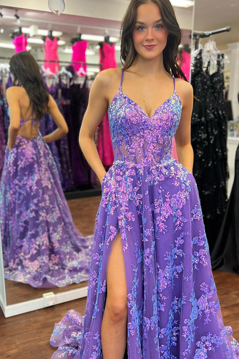 Cute A Line V Neck Purple Sequins Lace Long Prom Dress with Slit