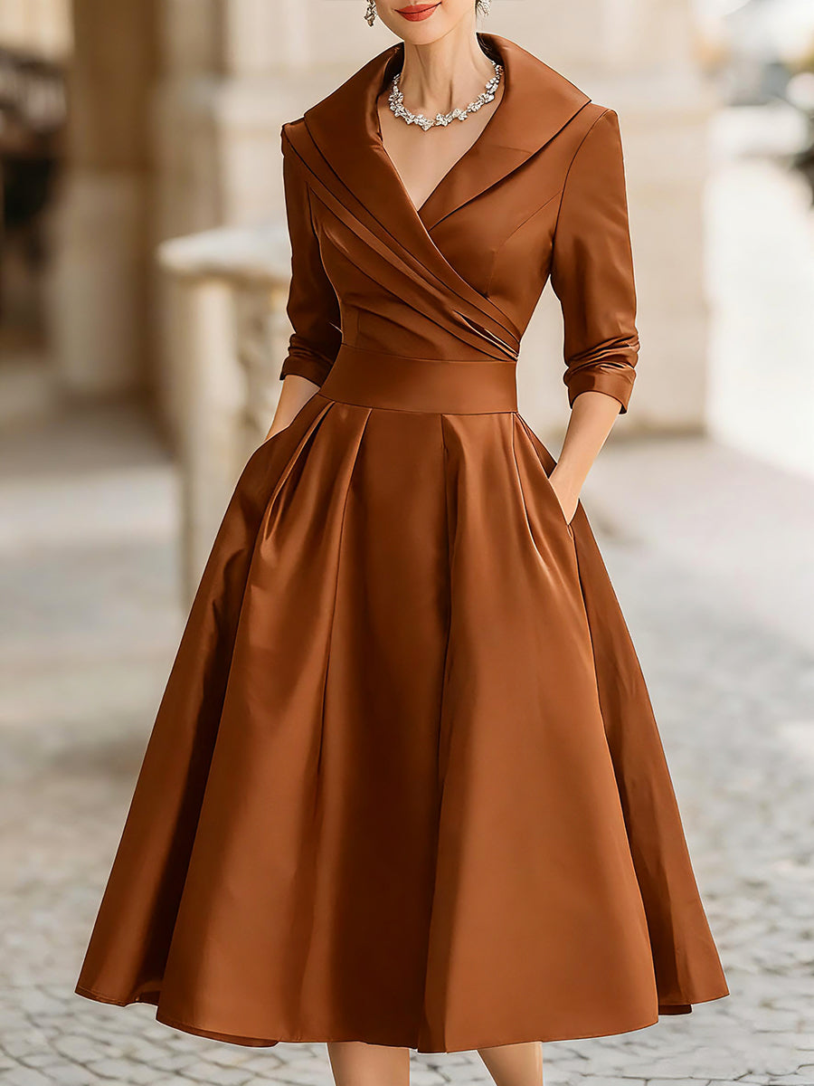 V-Neck Vintage-Inspired Satin A-Line Midi Dress With Draped Collar