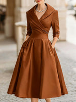 V-Neck Vintage-Inspired Satin A-Line Midi Dress With Draped Collar