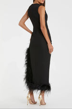 Black Ruched High-Low Evening Dress with Feather
