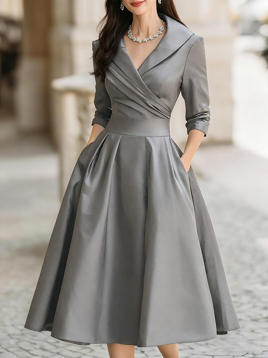 V-Neck Vintage-Inspired Satin A-Line Midi Dress With Draped Collar
