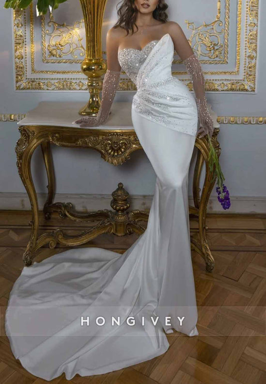 Glitter Sweetheart Strapless Half Sleeve Detachable Mermaid Wedding Dresses