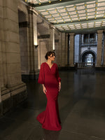 Burgundy V-Neck Long Sleeve Mermaid Formal Evening Dress