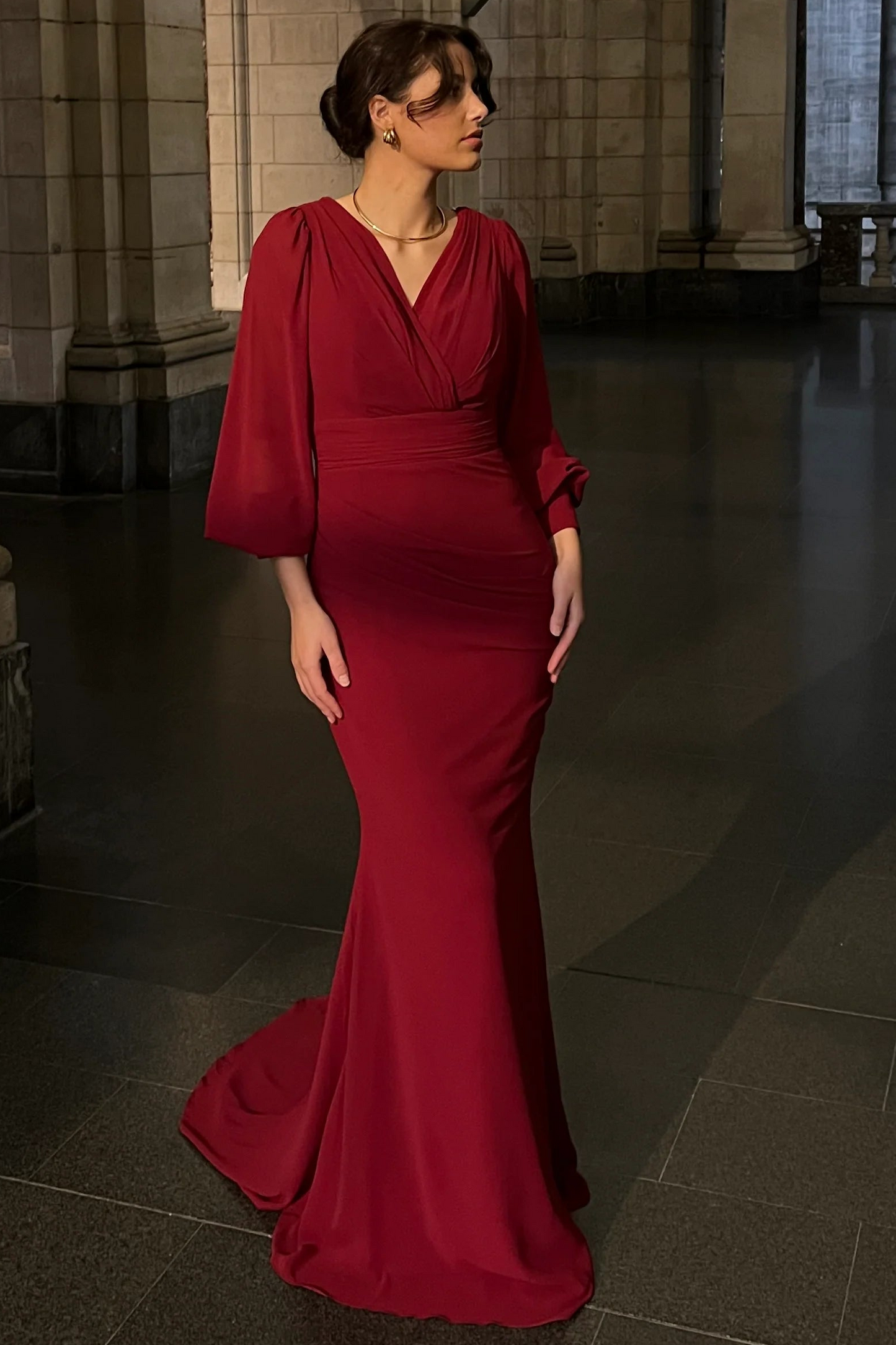 Burgundy V-Neck Long Sleeve Mermaid Formal Evening Dress