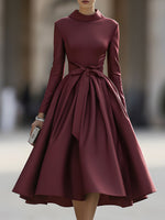 Burgundy High Neck Bow Detail Evening Dress