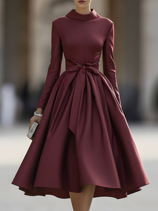 Burgundy High Neck Bow Detail Evening Dress