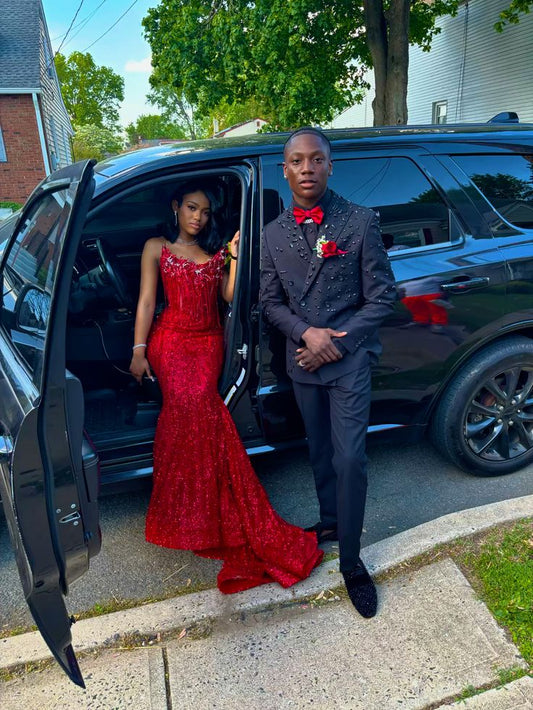 Sparkly Mermaid Strapless Red Sequin With Pleated Beads Long Prom Dresses Formal Gown