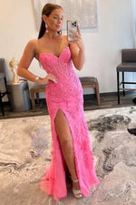 Elegant Mermaid Strapless Prom Dress with Lace Appliques and Slit