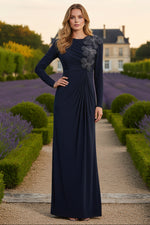 Navy Long Sleeve Fitted Evening Gown With 3D Flowers