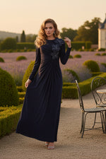 Navy Long Sleeve Fitted Evening Gown With 3D Flowers