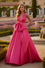 Pink Deep V Satin Ballgown with Bow A-Line Backless Evening Dress