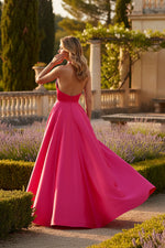 Pink Deep V Satin Ballgown with Bow A-Line Backless Evening Dress