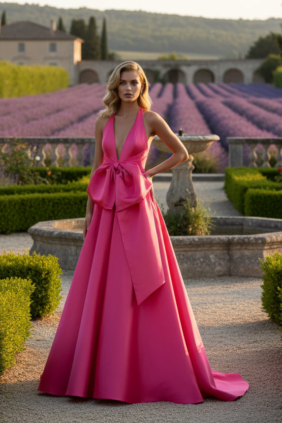 Pink Deep V Satin Ballgown with Bow A-Line Backless Evening Dress