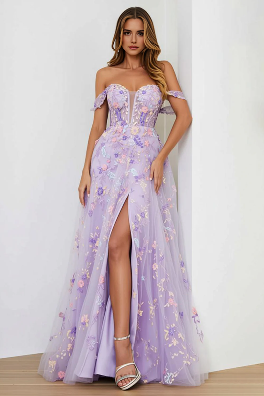 Formal Lilac A Line Off Shoulder Sweetheart Sleeveless Floral with Slit Backless Long Prom Dress