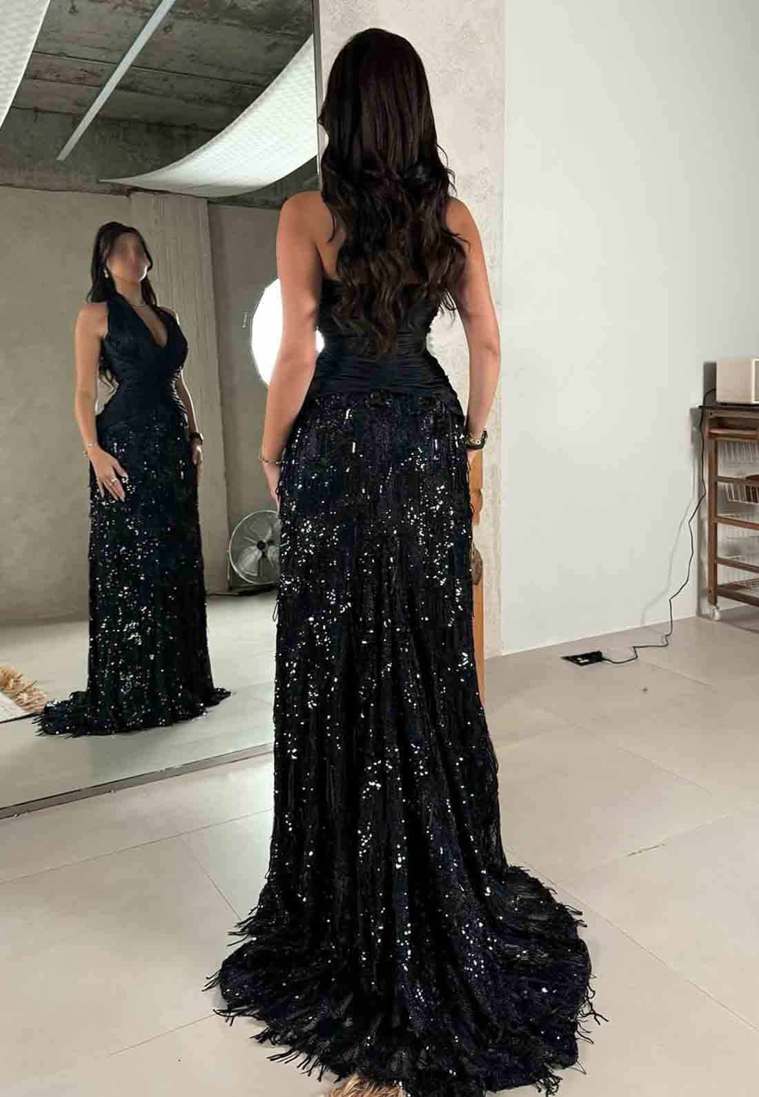 Black Sexy Halter Sleeveless Sequins Mermaid Backless Floor-Lenght Prom Dress