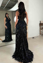 Black Sexy Halter Sleeveless Sequins Mermaid Backless Floor-Lenght Prom Dress