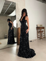 Black Sexy Halter Sleeveless Sequins Mermaid Backless Floor-Lenght Prom Dress