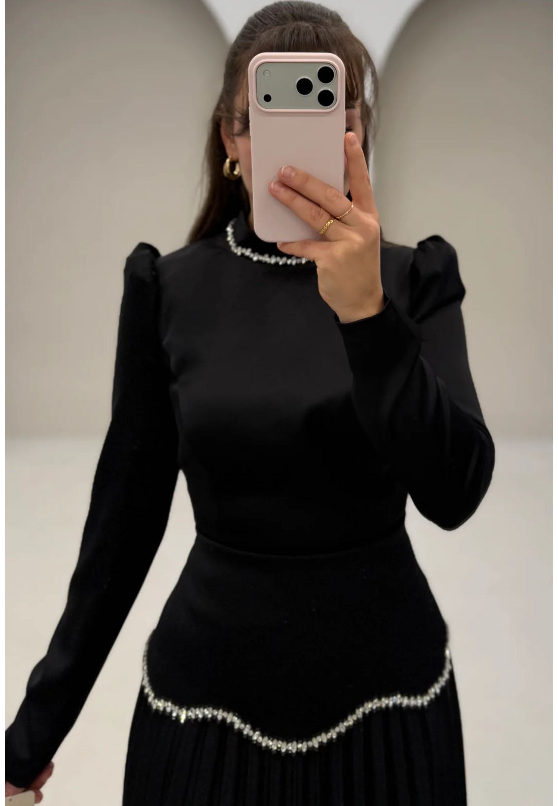 Elegant Beaded Black High Neck Long Sleeve A-Line Evening Dress Women