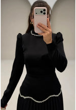 Elegant Beaded Black High Neck Long Sleeve A-Line Evening Dress Women