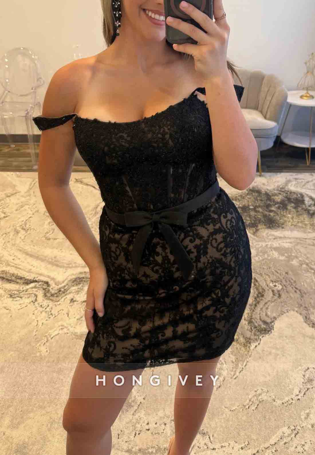 Sheath Off the Shoulder Lace Bodycon Homecoming Dress With Bowknot Waist