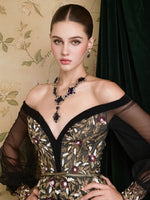 Sequins Sparkle Applique Off the Shoulder Long Sleeve Tulle A-Line Evening Dress