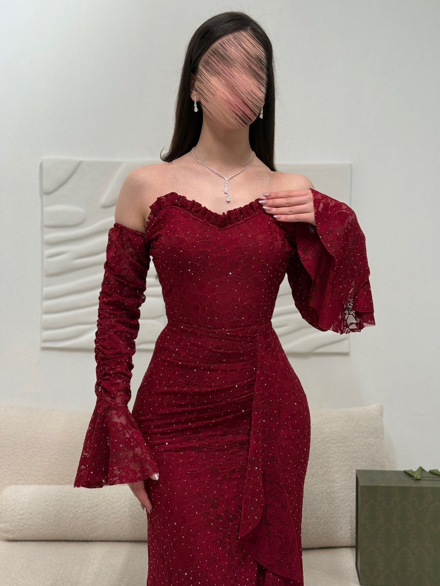 Red Off the Shoulder Long Sleeve Mermaid Ruched Side Slit Evening Dress