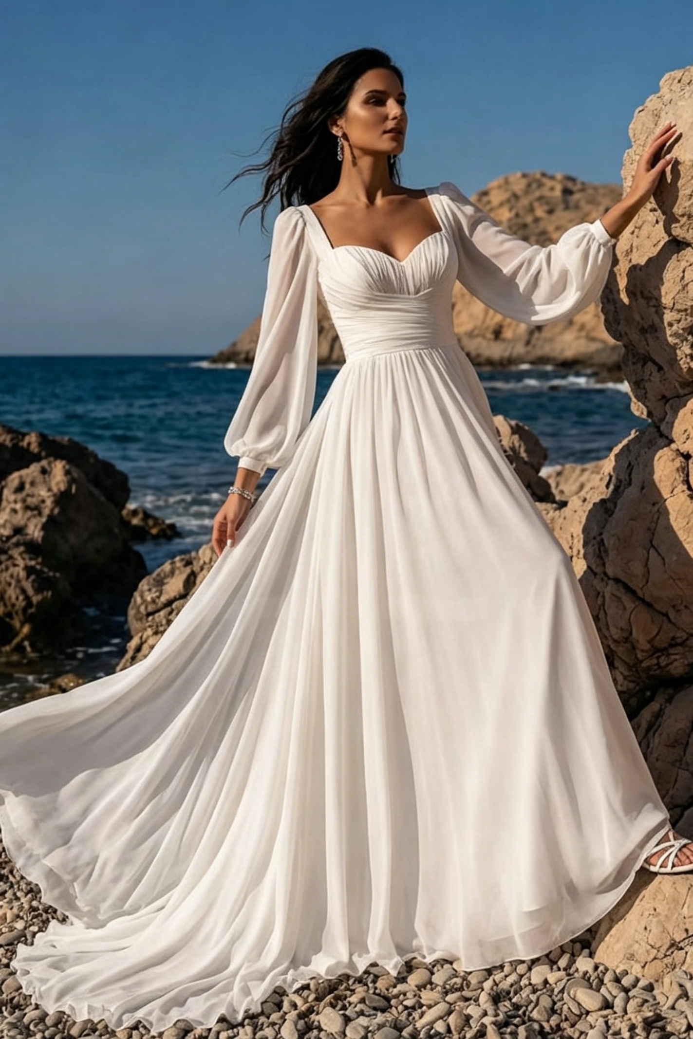 A-Line Sweetheart Long Sleeves Sweep Train Chiffon Wedding Dresses